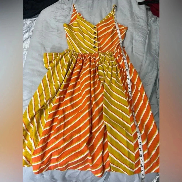 BOHEMIAN DRESS STRIPED ORANGE & YELLOW SLEEVELESS FIT FLAIR MIDI - Picture 7 of 11